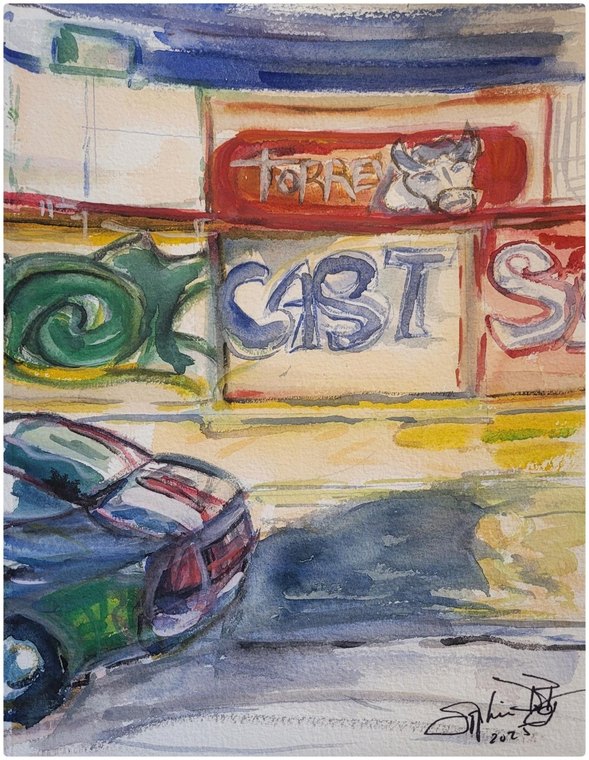 Aquarelle d’une rue animée avec voiture et enseignes.