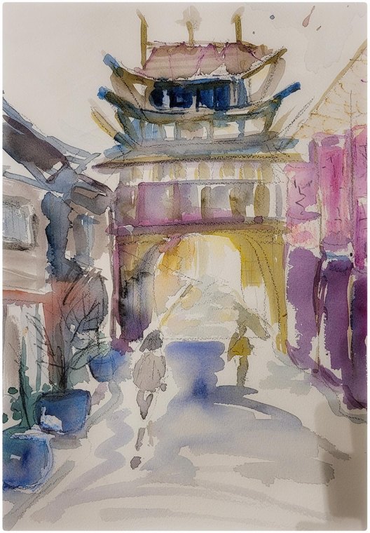 Aquarelle d’un passage urbain sous une porte architecturale.