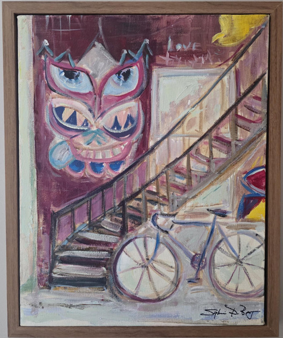 L'Âme sur le mur, a painting featuring a stylized owl, staircase and bicycle.