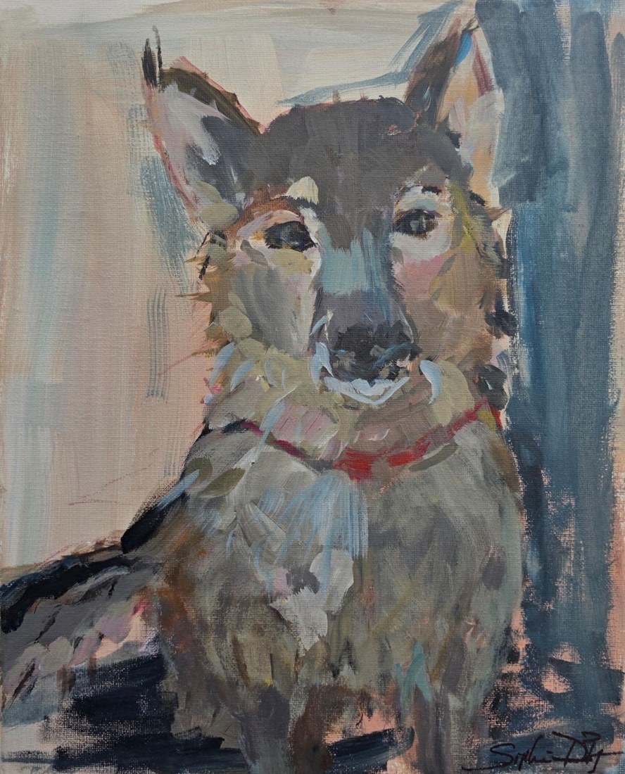 Portrait peint d’un chien assis.